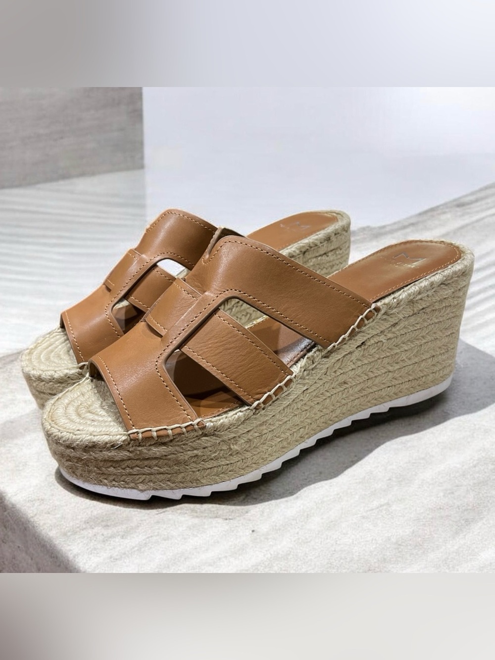 Marc Fisher LTD Mlorbbyn Leather Espadrille Platform Wedge Sandals Cognac Size 9